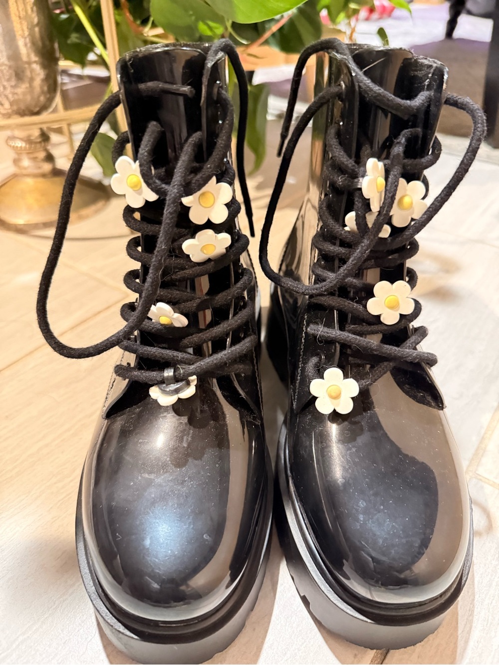 ASOS Black Patent Lace-Up Ankle Boots with White Daisy Charms